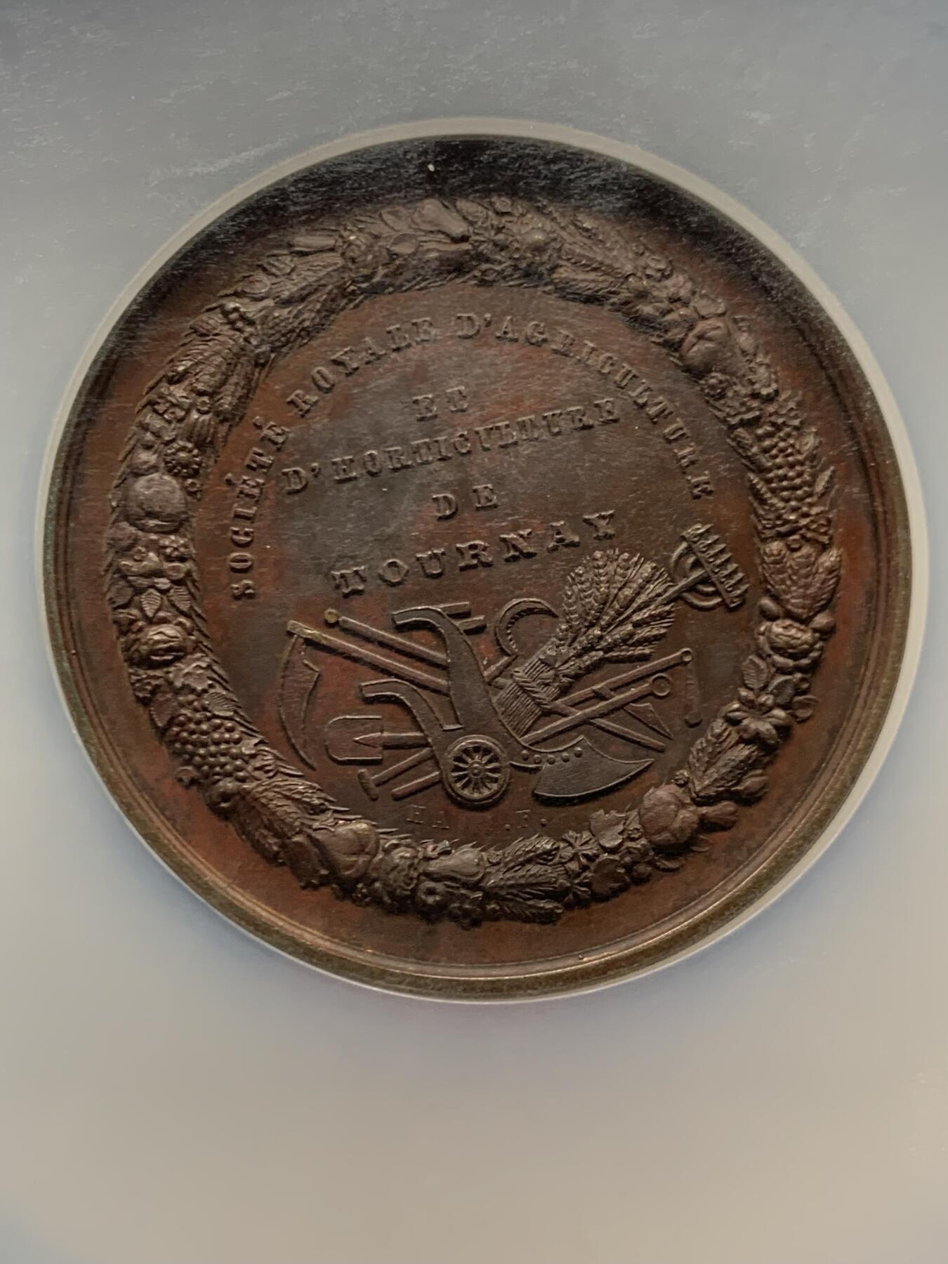 《竞宝斋》第465场 周日，周一，周二，3场连拍 （全场包邮）欢迎送拍 NGC MS61BN 比利时图尔奈皇家农业与园艺学会铜章，直径51毫米，加大加厚盒。