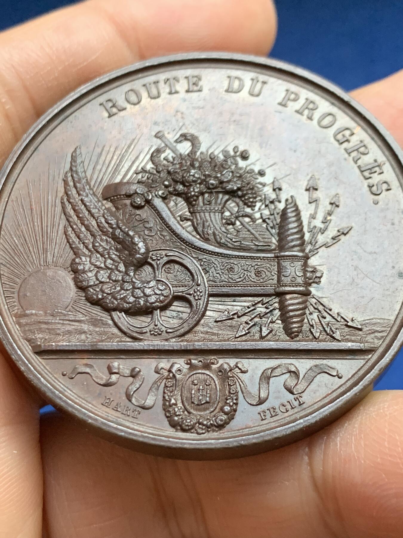 《竞宝斋》第465场 周日，周一，周二，3场连拍 （全场包邮）欢迎送拍 比利时1836年布鲁塞尔-梅赫伦铁路正式通车纪念铜章，49.05g，49.5mm