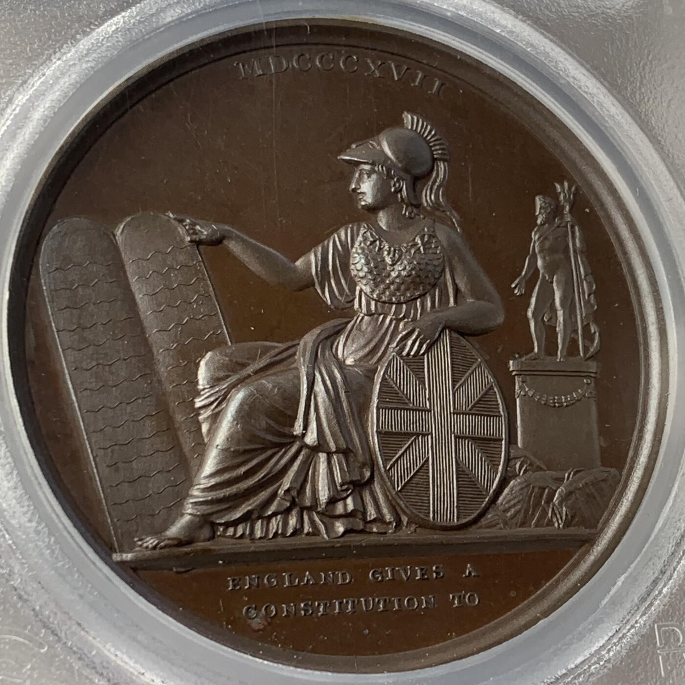 掌中浮雕-藏着的欧洲第052场 PCGS SP64  : 1817年英属爱奥尼亚岛宪法铜章，  41mm