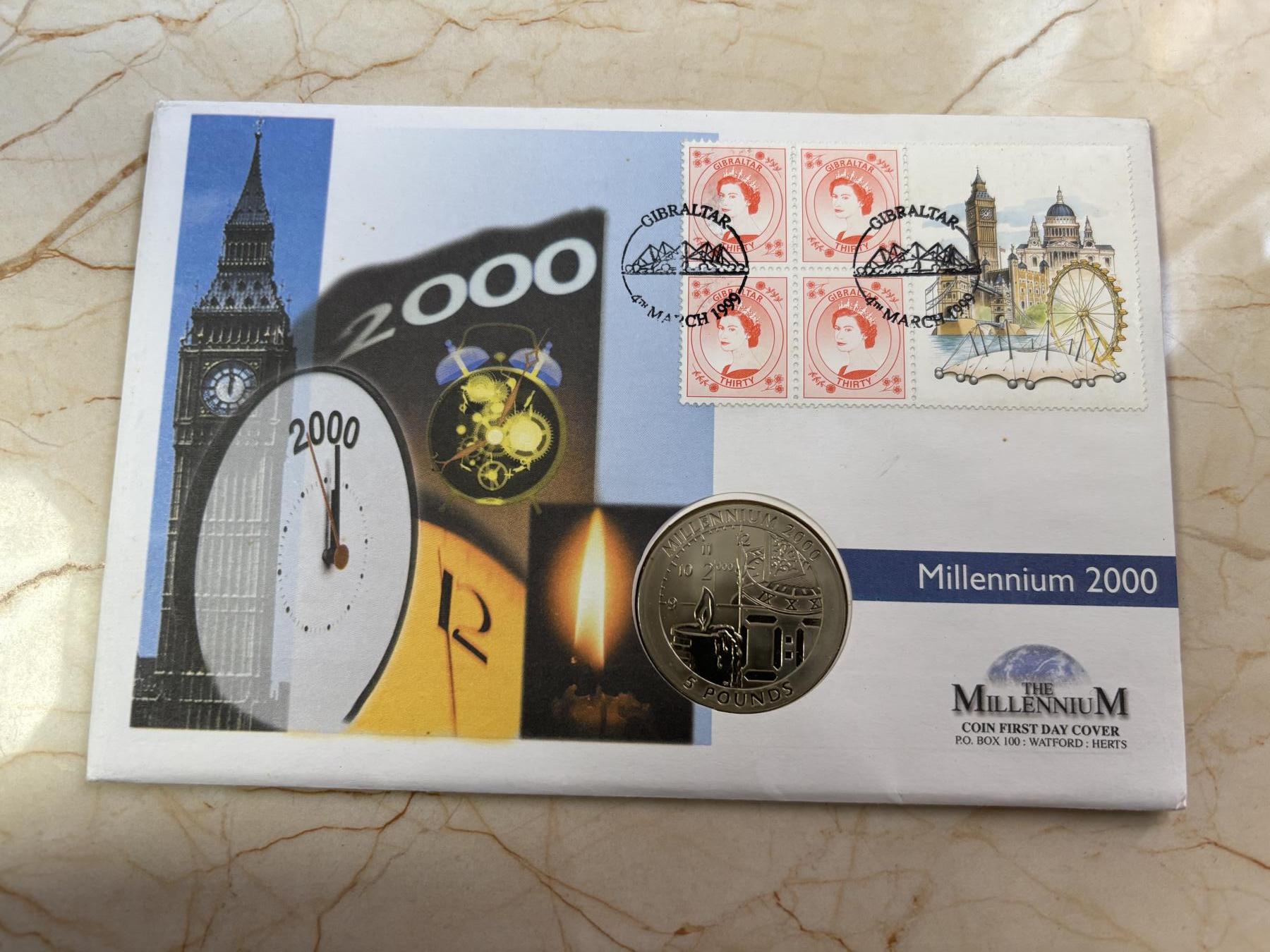 第190期拍卖 直布罗陀1999年5镑钛币 千禧年 10克钛 发行量：2万5千 首日封