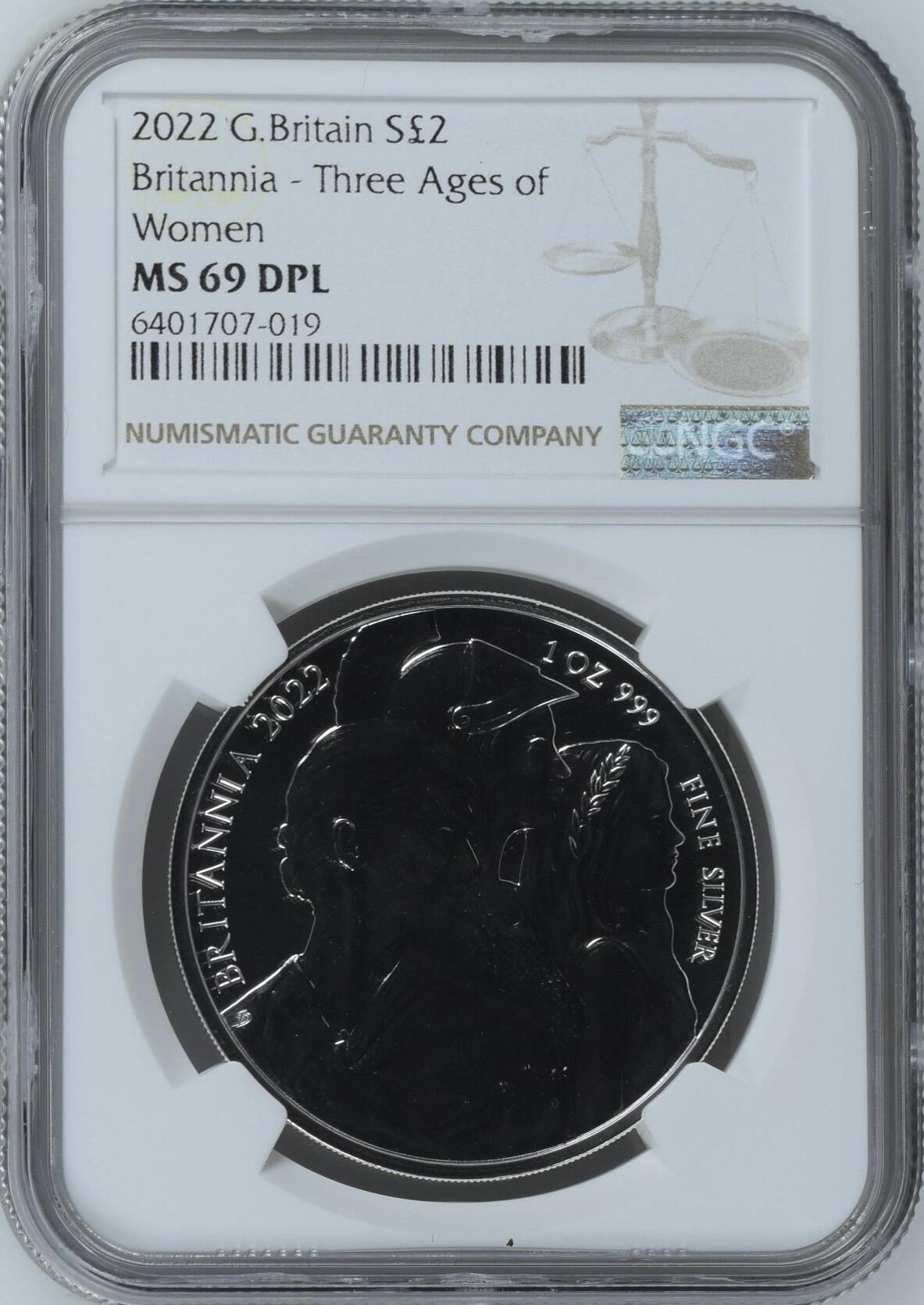 S&S Numismatic世界钱币-拍卖 第120期  英国2022年 不列颠尼亚-三女神 2英镑1盎司999银币 盒证齐全 31.21克999银 NGC MS69 盒证齐全