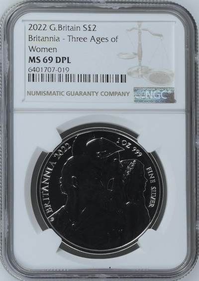 S&S Numismatic世界钱币-拍卖 第120期  - 英国2022年 不列颠尼亚-三女神 2英镑1盎司999银币 盒证齐全 31.21克999银 NGC MS69 盒证齐全