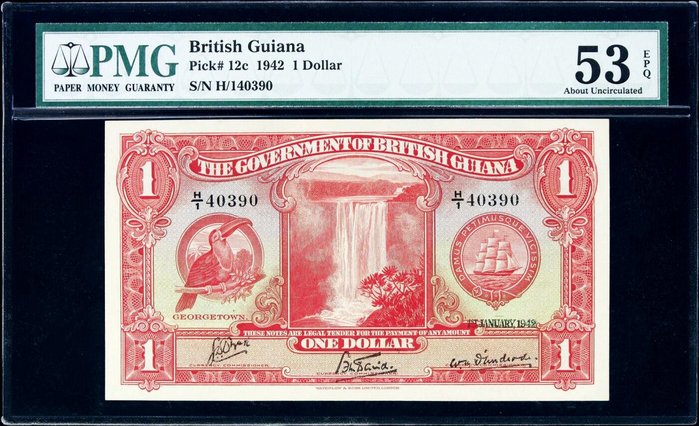 【Blue Auction】世界纸币精拍第782期——18级TOP拍卖/信誉/品质/专业/高效💫 【H/1冠少见】英属圭亚那 1942年1元 大瀑布 巨嘴鸟 英王乔六 雕刻精美 W&S出品 PMG53EPQ 近新原票状态非常好 （一张50E普通冠 死中折的前年拍了780美金 状态远没这张好）