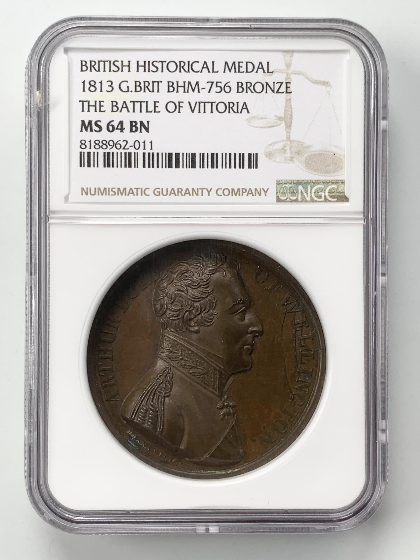 掌中浮雕-藏着的欧洲第052场 NGC MS64 : 1813年英国维多利亚战役纪念铜章，41mm，图案精美