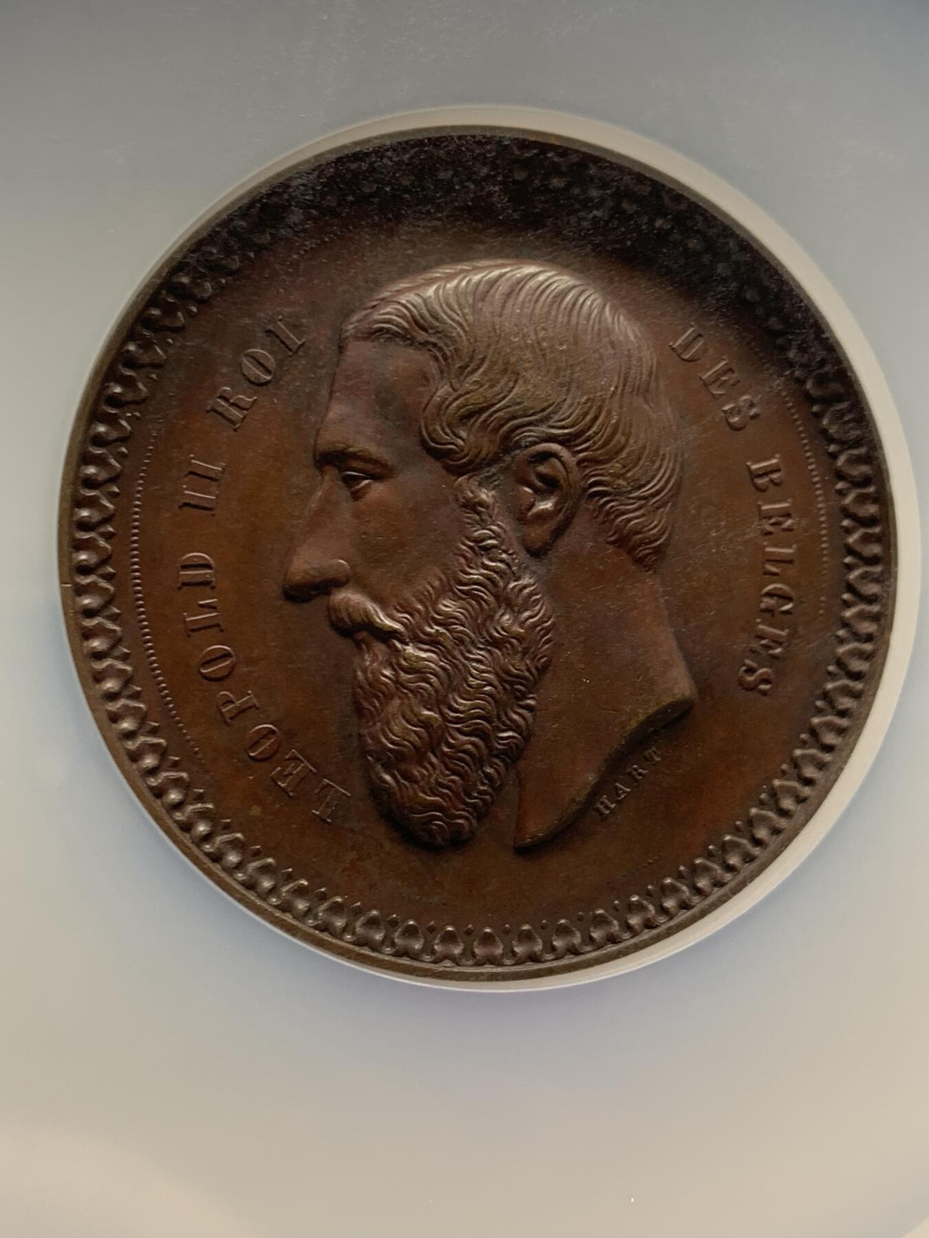 《竞宝斋》第465场 周日，周一，周二，3场连拍 （全场包邮）欢迎送拍 NGC MS61BN 比利时图尔奈皇家农业与园艺学会铜章，直径51毫米，加大加厚盒。