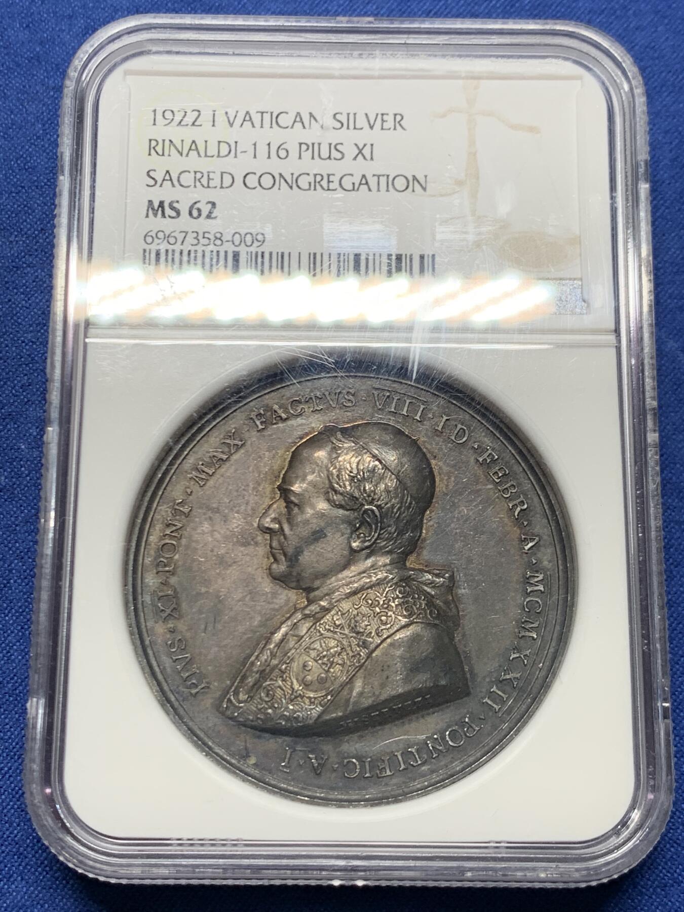 《竞宝斋》第465场 周日，周一，周二，3场连拍 （全场包邮）欢迎送拍 NGC MS62 梵蒂冈1922年教皇国庇护十一世纪念宣传信仰圣会成立300周年大银章 高浮雕 深彩包浆