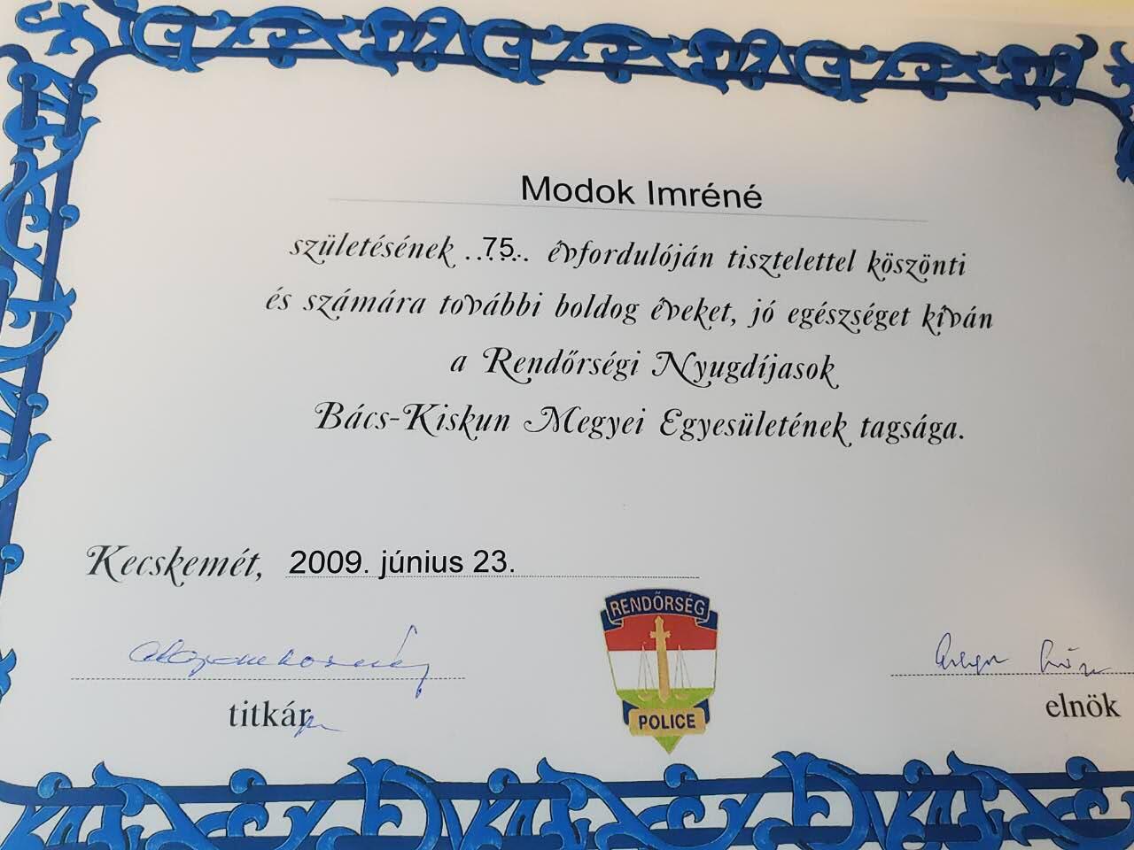 韵星假日军品类拍卖第三十九期暨默多克中校夫妇专场 -- Rimey Holidays Militaria Auction 39 & The Modoks Collection  匈牙利共和国默多克夫人65、70、75、80生日推绣警察荣誉协会感谢祝贺信一组四张