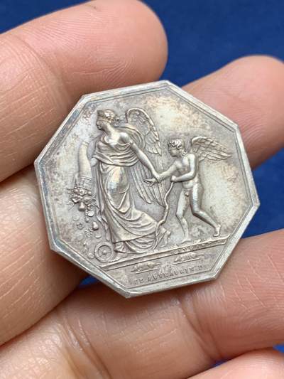 《竞宝斋》第465场 周日，周一，周二，3场连拍 （全场包邮）欢迎送拍 - 法国双面神“幸与不幸”银质八角代币，引路天使，淡彩包浆，13.33克，30.1mm，丰饶角银标