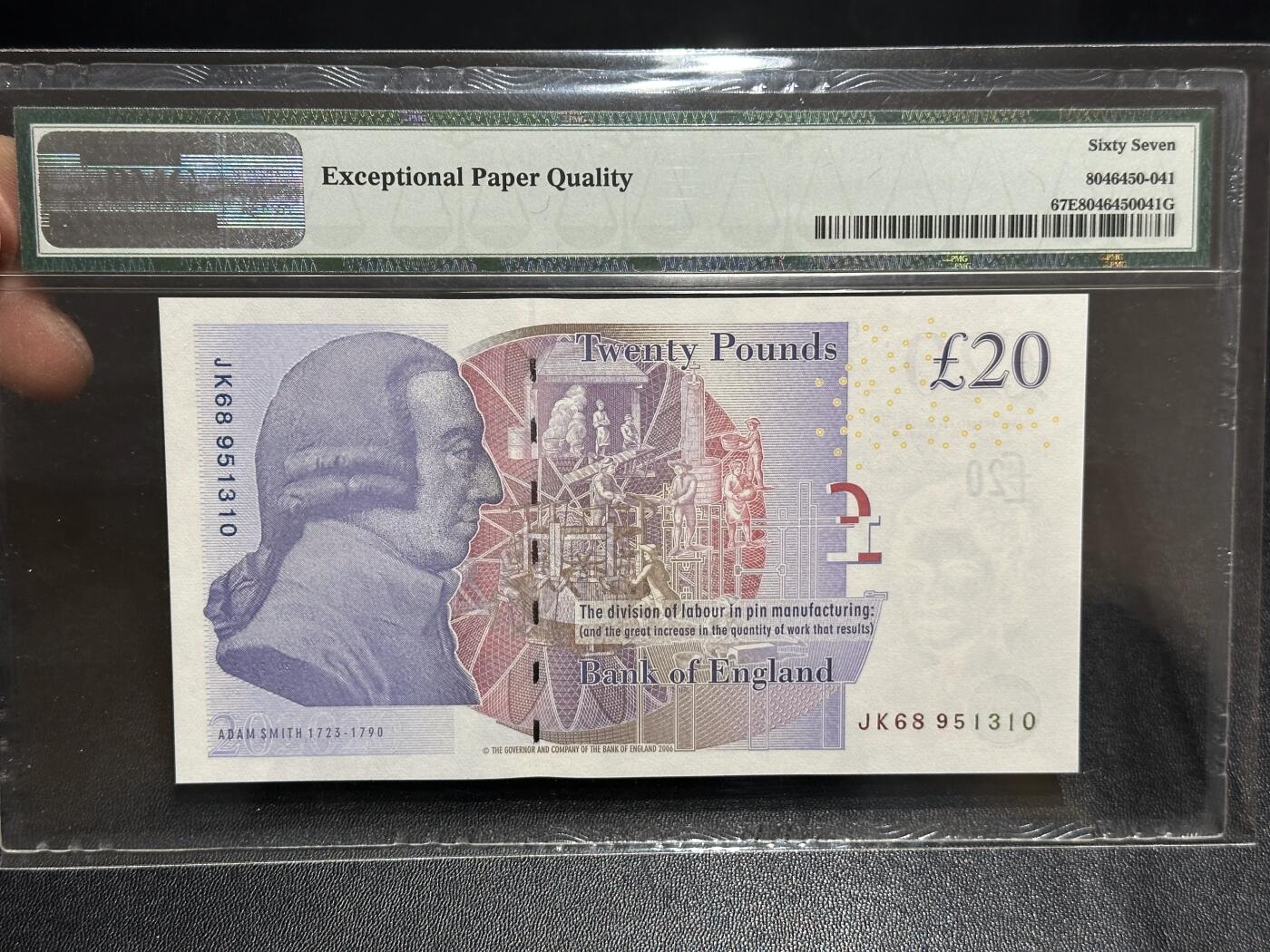 《外钞收藏家》第六百零八期（精选场）（本平台长期征集拍品、欢迎藏友们联系合作） 2006年英国F序列20镑 PMG67 无47