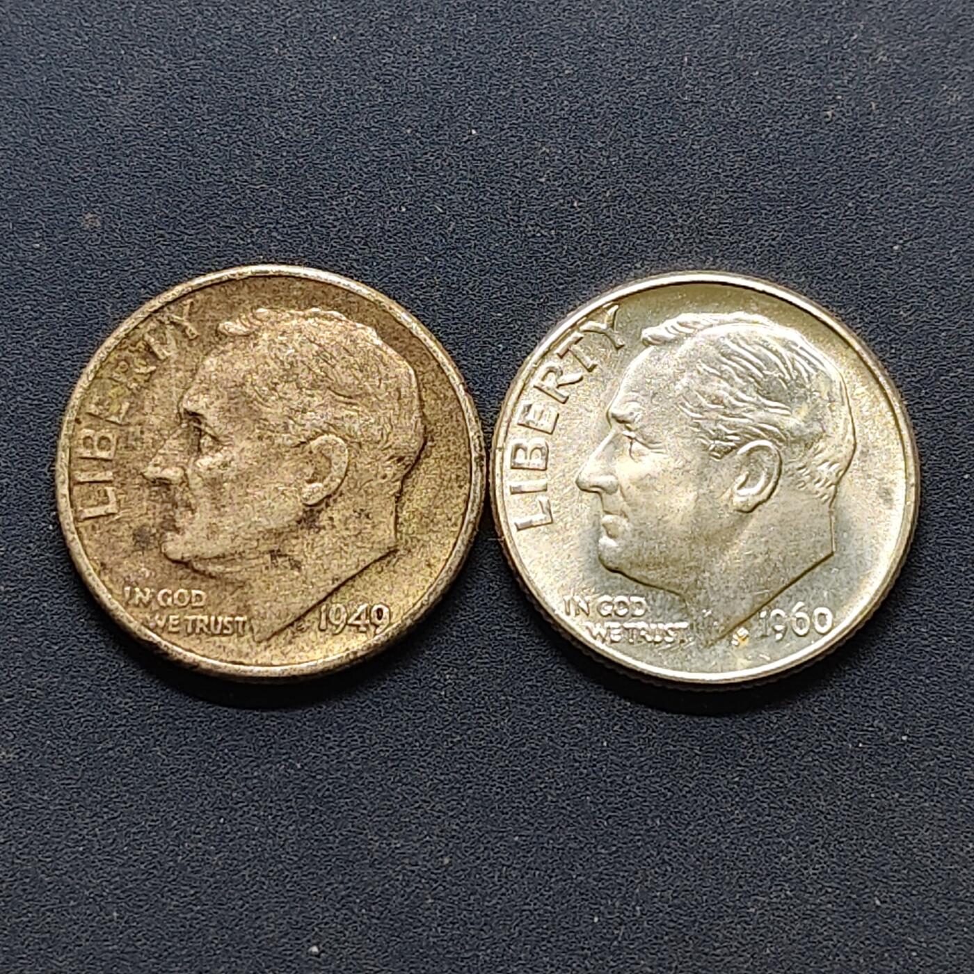 【全场包邮】纯粹捡漏拍500场-持续更新中 美国1949/1960年罗斯福10分银币2枚一组【17.9毫米2.5克90%】