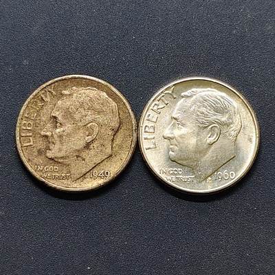 【全场包邮】纯粹捡漏拍500场-持续更新中 - 美国1949/1960年罗斯福10分银币2枚一组【17.9毫米2.5克90%】