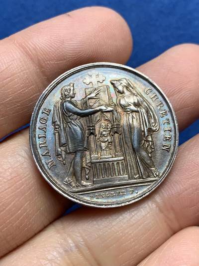 《竞宝斋》第465场 周日，周一，周二，3场连拍 （全场包邮）欢迎送拍 - 法国婚姻与爱情纪念镀银铜章，12.29g，29.7mm，船锚+C边铭（1841-1842）