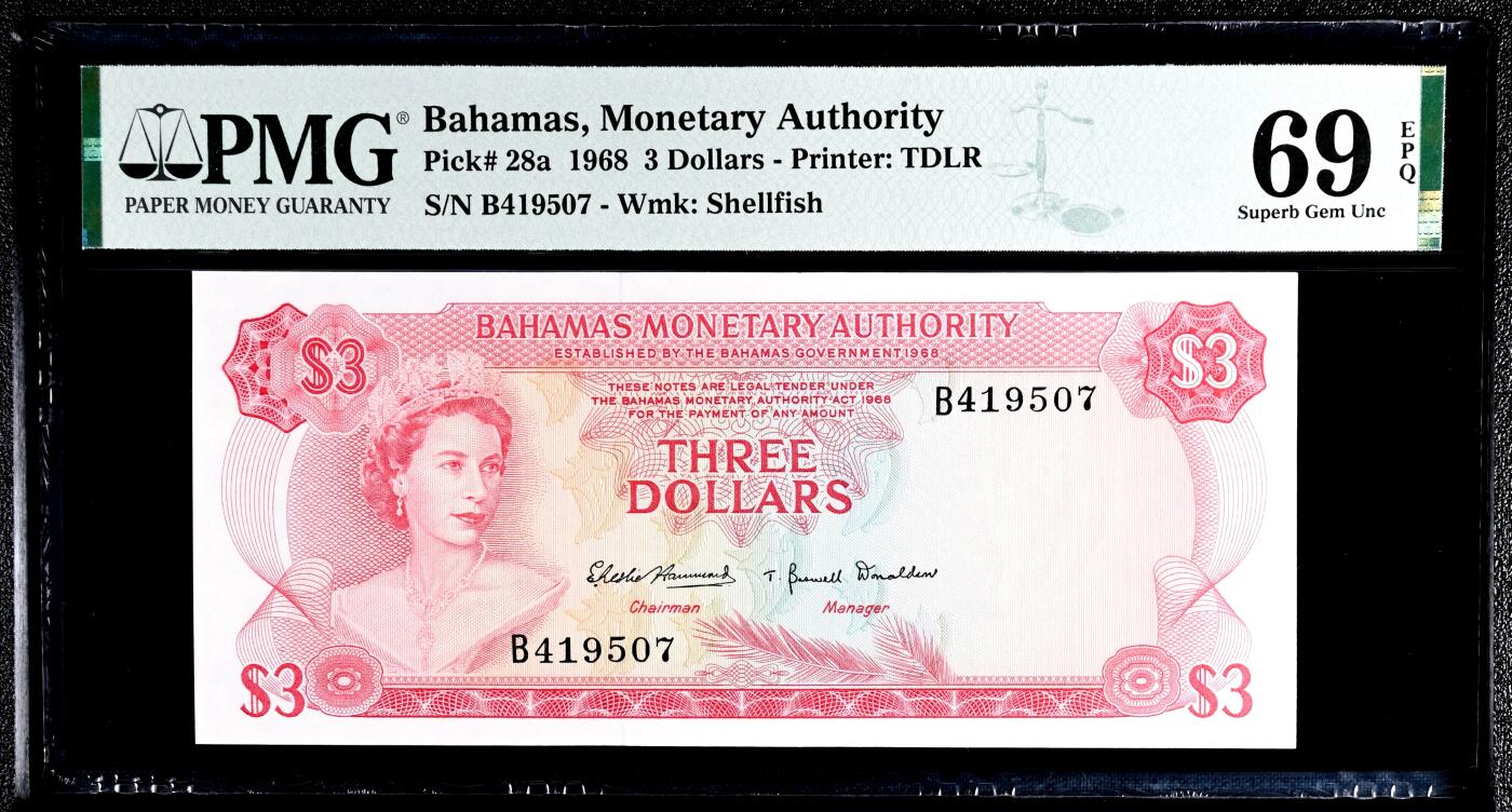 【Blue Auction】世界纸币精拍第782期——18级TOP拍卖/信誉/品质/专业/高效💫 【唯一冠军分近满分】巴哈马 1968年3元 女王 彩背 PMG69EPQ顶级高分 仅此一张（该套普遍裁切不居中 如此高分非常难得）
