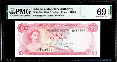 【Blue Auction】世界纸币精拍第782期——18级TOP拍卖/信誉/品质/专业/高效💫 - 【唯一冠军分近满分】巴哈马 1968年3元 女王 彩背 PMG69EPQ顶级高分 仅此一张（该套普遍裁切不居中 如此高分非常难得）