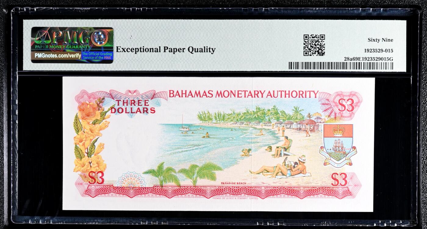 【Blue Auction】世界纸币精拍第782期——18级TOP拍卖/信誉/品质/专业/高效💫 【唯一冠军分近满分】巴哈马 1968年3元 女王 彩背 PMG69EPQ顶级高分 仅此一张（该套普遍裁切不居中 如此高分非常难得）