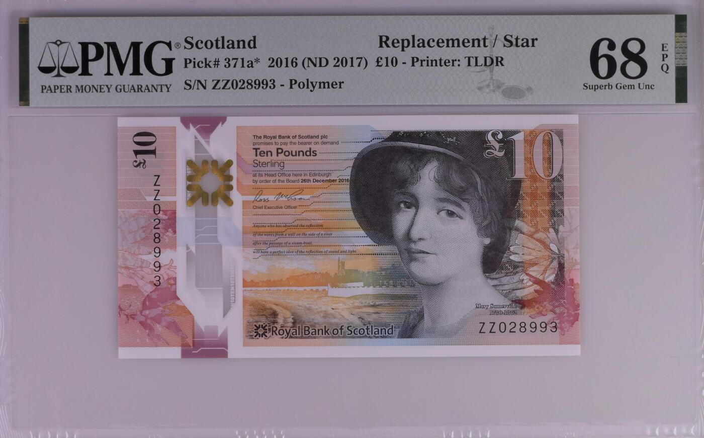 【礼羽收藏】🌏世界钱币拍卖第124期 【ZZ028993】2016年苏格兰10镑 塑料钞 ZZ冠 补号 无47 PMG68