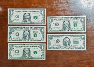 【礼羽收藏】🌏世界钱币拍卖第123期 - （一组5张）【UNC】美洲 美国 1.1.1.1.2 美元