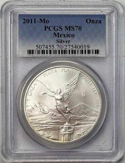 S&S Numismatic世界钱币-拍卖 第120期  - 墨西哥2011年 墨西哥自由女神 1盎司投资银币 31.1克999银  PCGS MS70