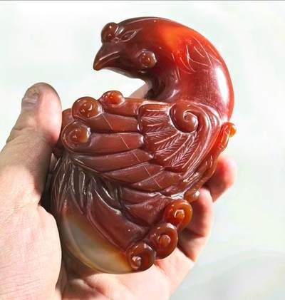 民国创汇玛瑙雕凤凰卧凤摆件笔架  