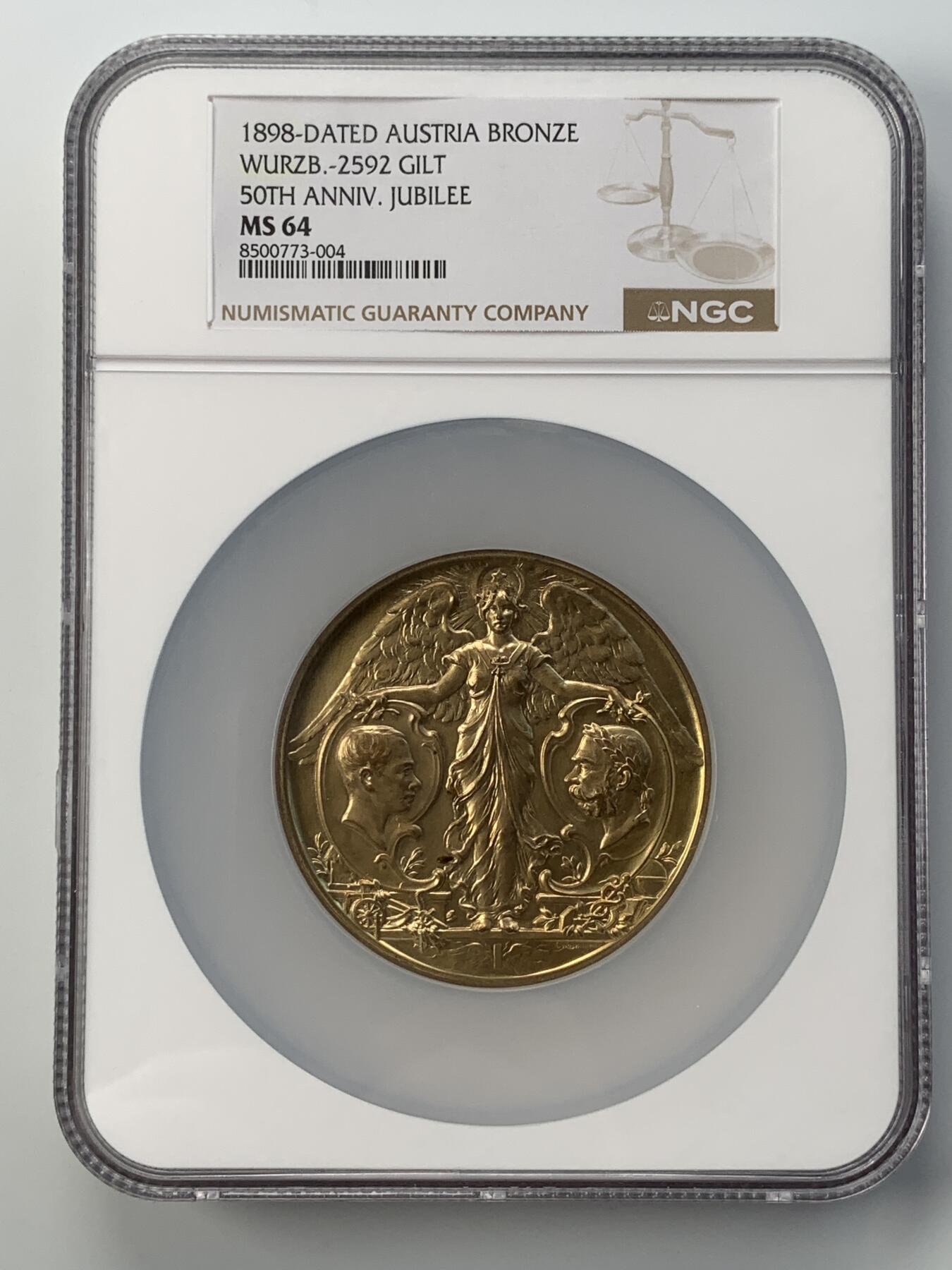 掌中浮雕-藏着的欧洲第052场 NGC MS64 : 1898年奥地利皇帝弗兰茨•约瑟夫一世登基50周年&奥地利农业博览会纪念镀金铜章，63mm