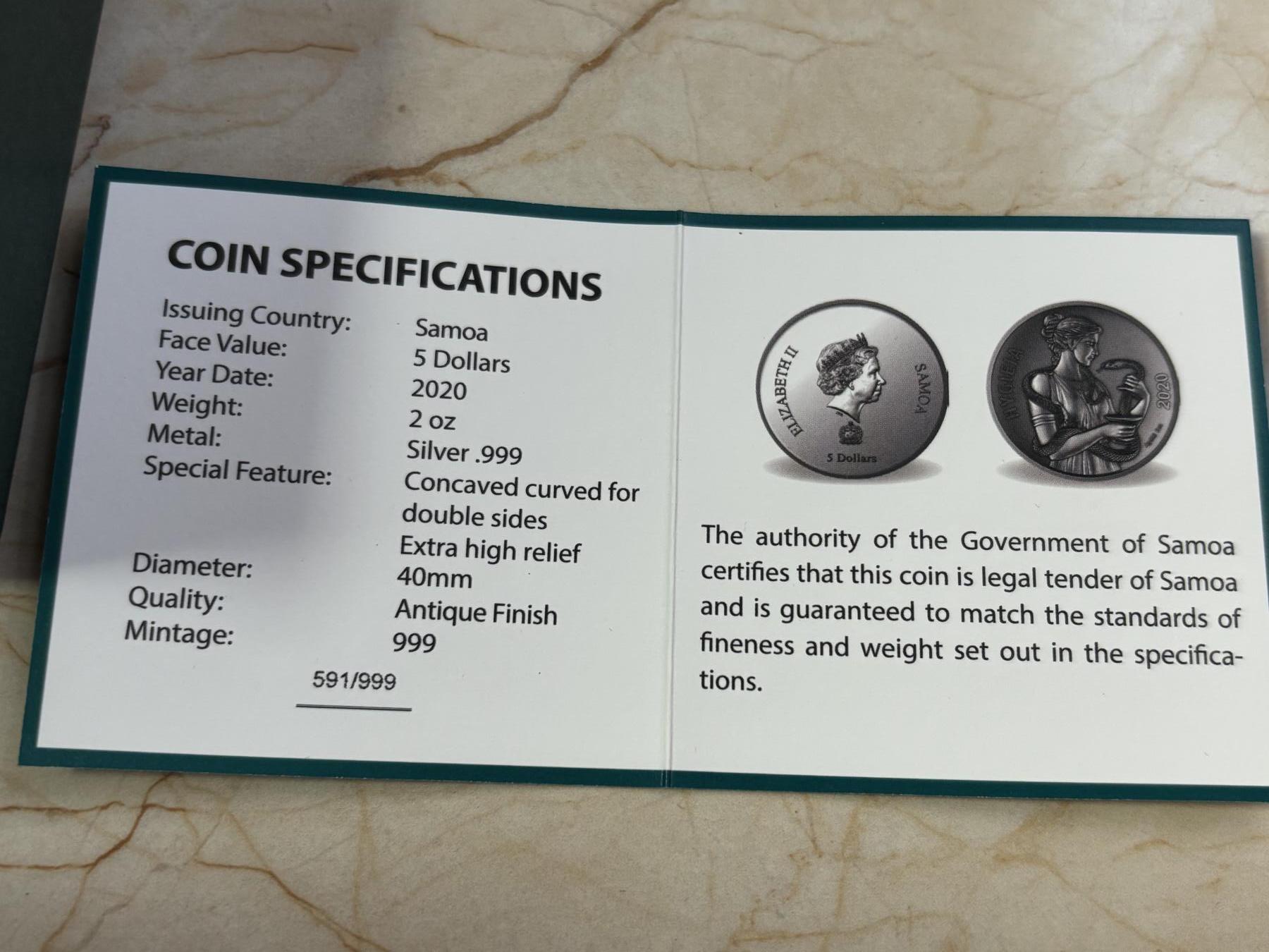 第190期拍卖 萨摩亚2020年5元仿古凹面银币 海吉雅-健康与卫生的女神，其名称是英语