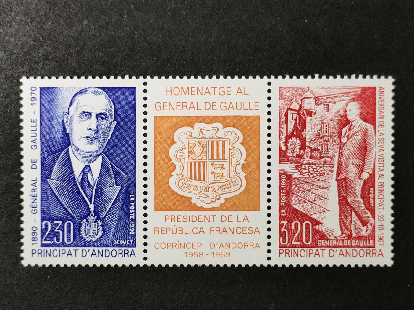 ↓君缘收藏732期☞钱币邮品↓无佣金、可寄存、满30元包邮  法属安道尔邮票，1990年法国总统戴高乐将军诞辰100周年连票2全