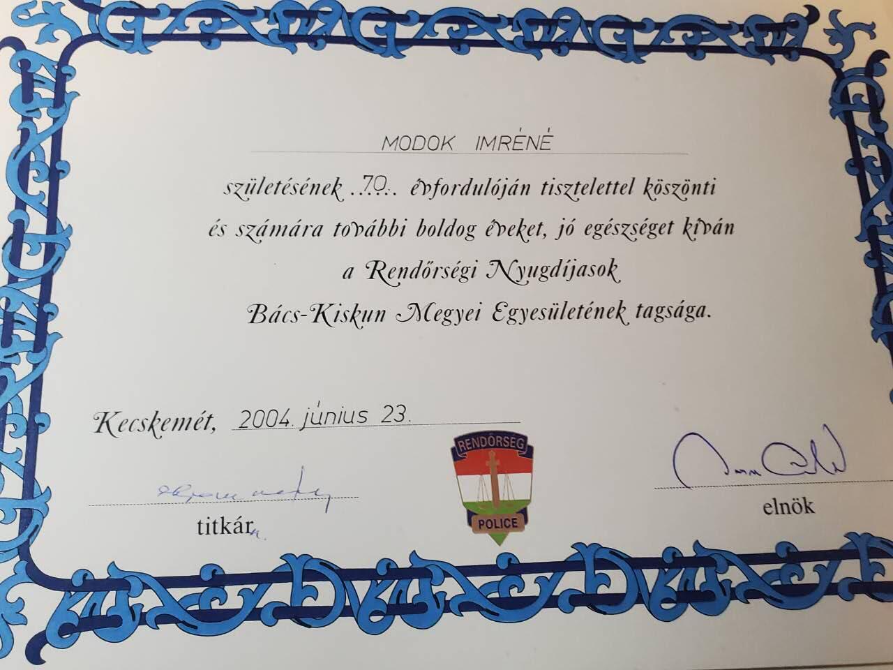 韵星假日军品类拍卖第三十九期暨默多克中校夫妇专场 -- Rimey Holidays Militaria Auction 39 & The Modoks Collection  匈牙利共和国默多克夫人65、70、75、80生日推绣警察荣誉协会感谢祝贺信一组四张