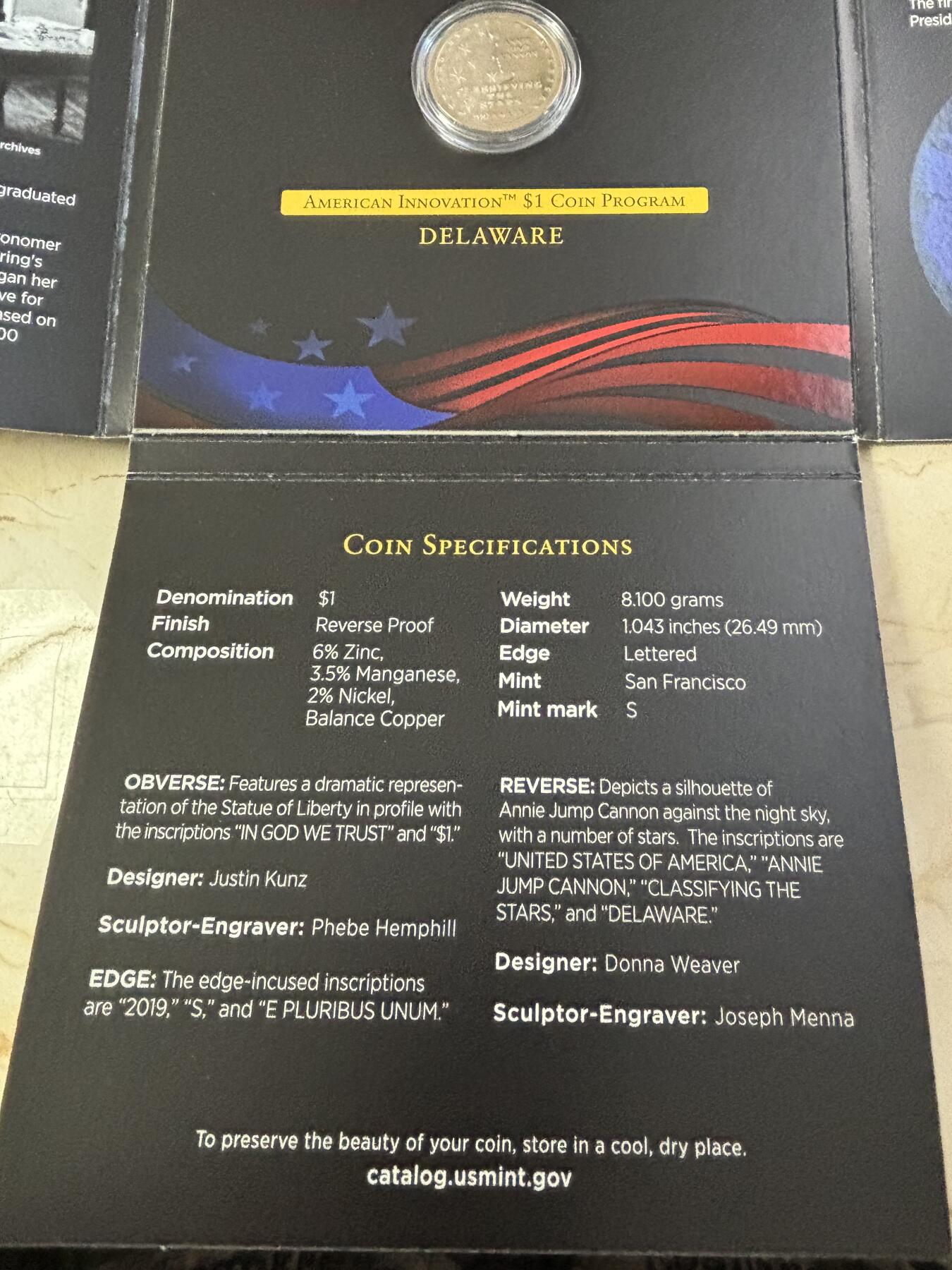 第190期拍卖 美国12019年1美元反精制纪念币 美国创新 卡装