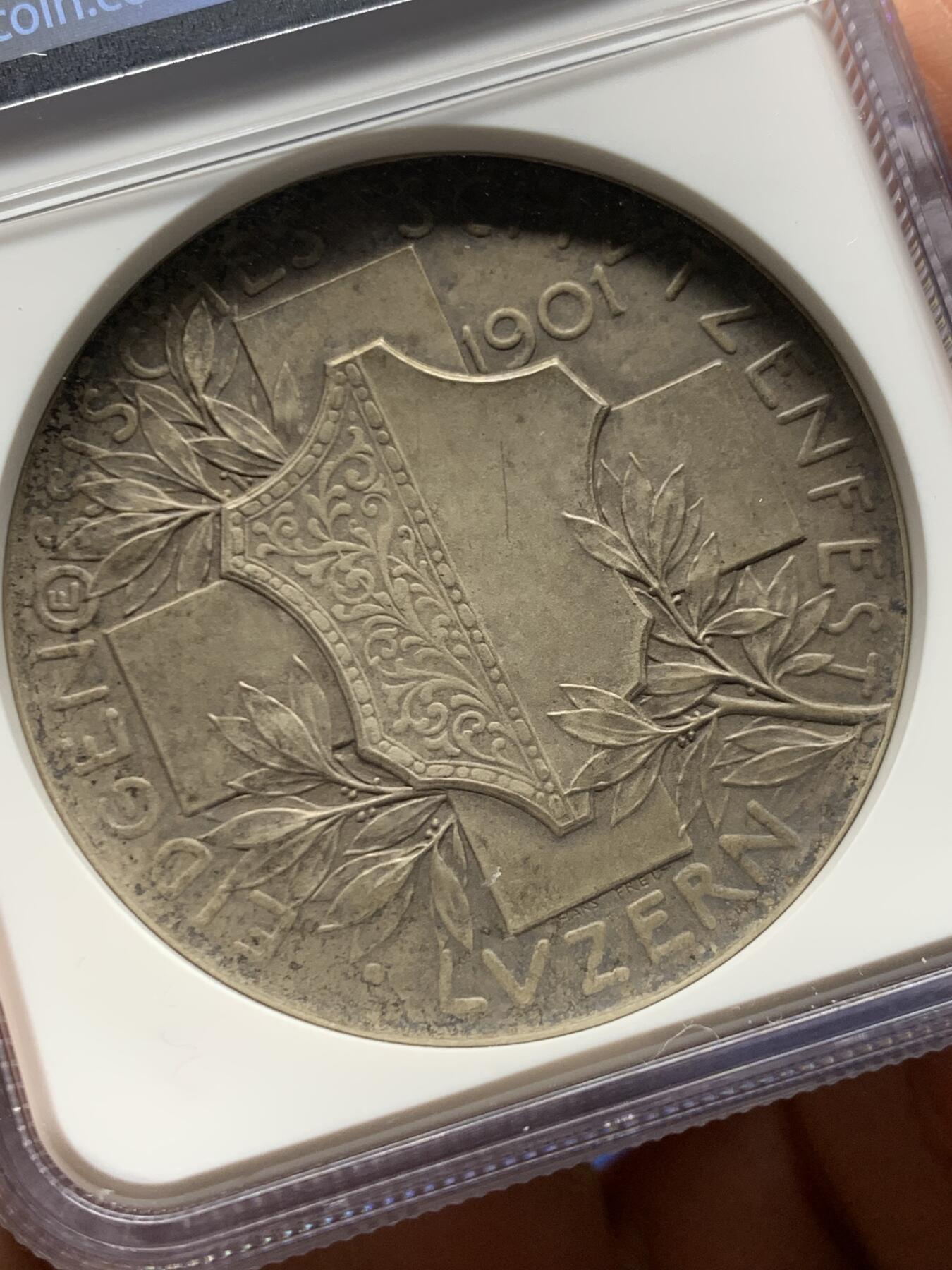 《竞宝斋》第465场 周日，周一，周二，3场连拍 （全场包邮）欢迎送拍 NGC MS63 瑞士1901年卢塞恩射击节纪念银章 加厚盒