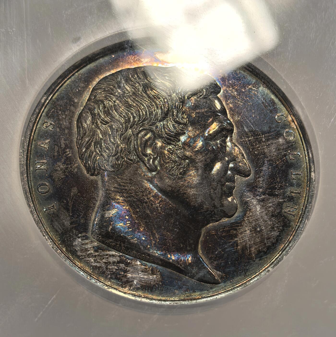 博洋堂“心向春光”2月精品大拍专场暨第160期（全场包邮） NGC UNC 名家旧藏！丹麦1859年纪念乔纳森科林巨大银章！其担任皇家基金会秘书长，著名童话家安徒生的再生父母和导师！万吨机制大章！类精致面板，超高浮雕人物和女神刻画，裸币重129克的巨无霸大银章！