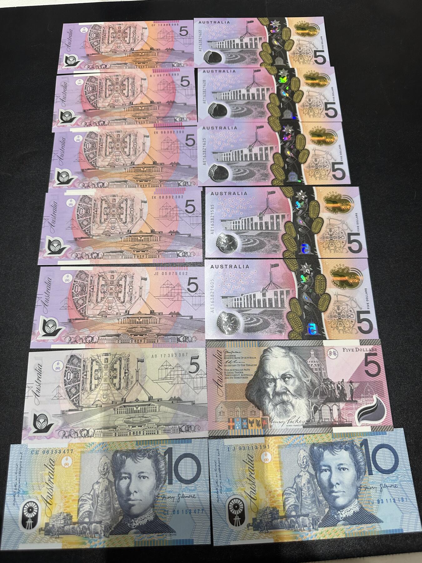 《外钞收藏家》第六百零八期（精选场）（本平台长期征集拍品、欢迎藏友们联系合作） 澳大利亚塑料钞5元有三个版本加纪念钞 10元两张 一起14张 全新UNC