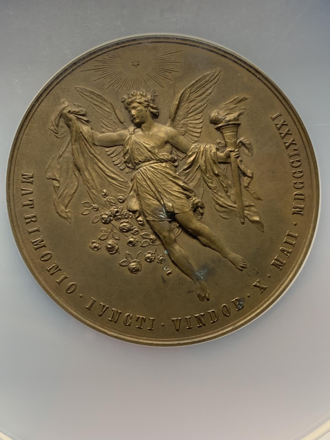 《竞宝斋》第465场 周日，周一，周二，3场连拍 （全场包邮）欢迎送拍 NGC MS62BN 奥地利1881年鲁道夫王储结婚纪念铜章 加大加厚盒