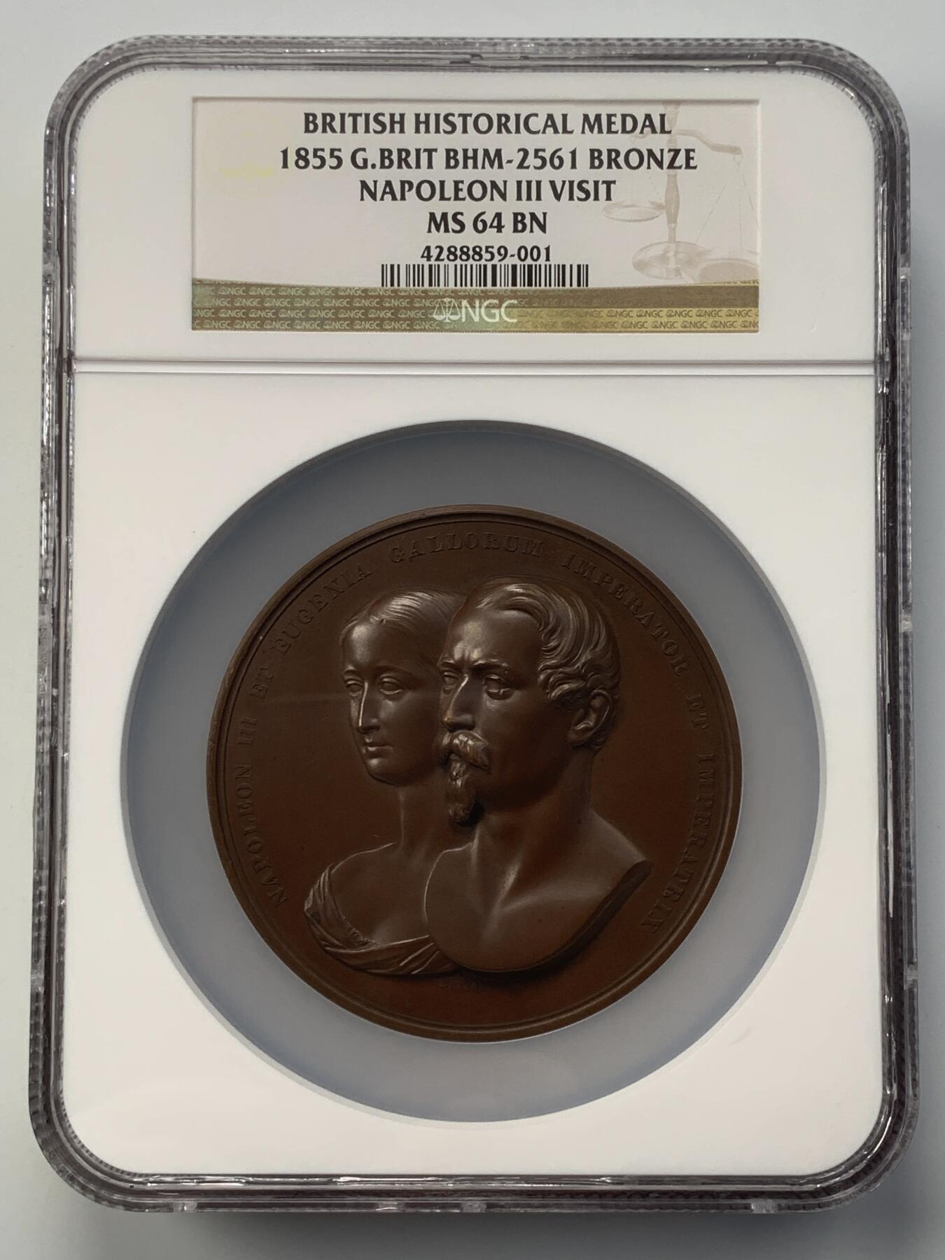 掌中浮雕-藏着的欧洲第052场 NGC MS64 : 1855年法王拿破仑三世夫妇访问伦敦城纪念章，77mm。目录编号BHM 2561, Eimer 1496。仅发行350枚