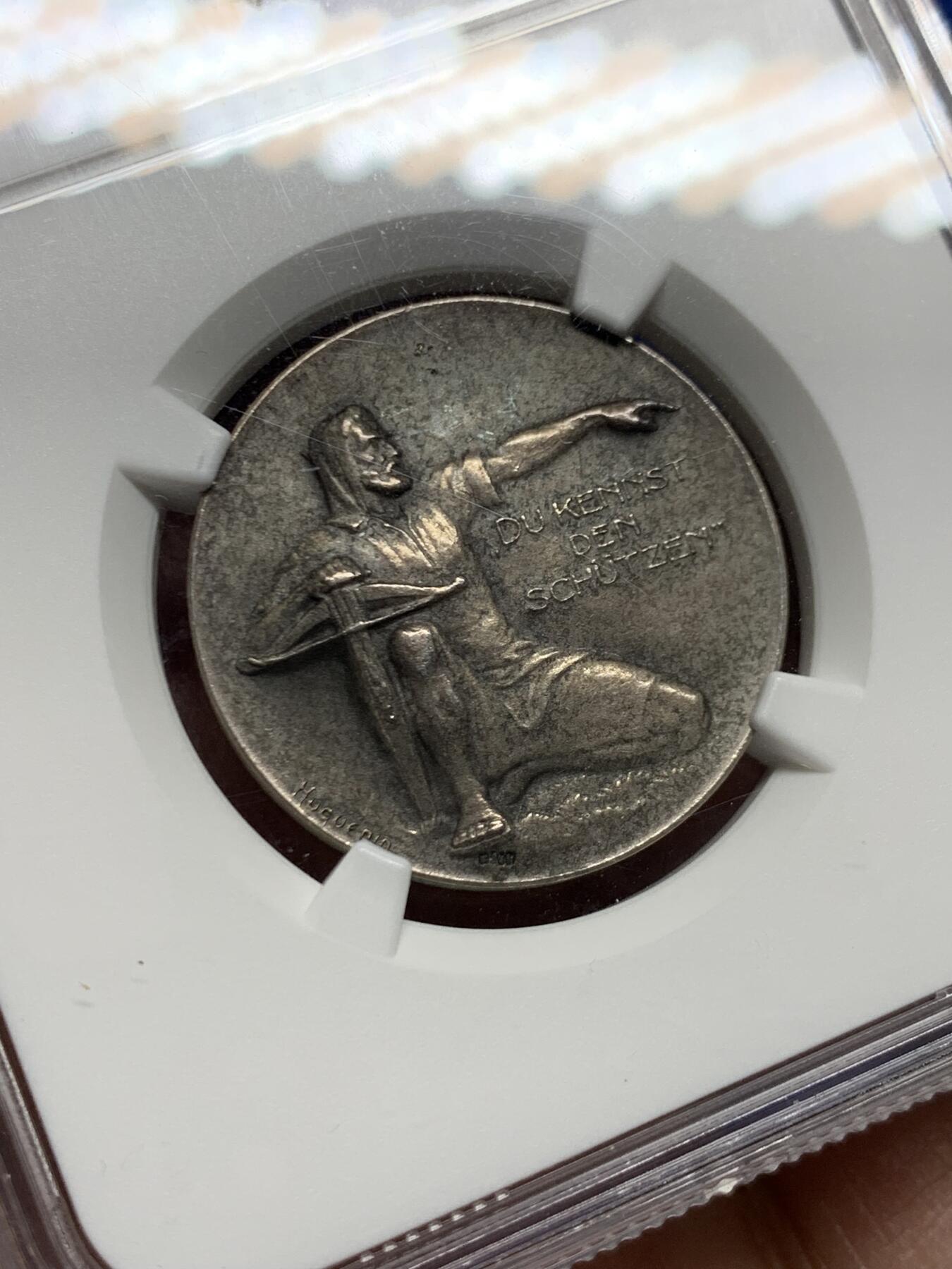 《竞宝斋》第465场 周日，周一，周二，3场连拍 （全场包邮）欢迎送拍 NGC MS64 瑞士1924年阿尔高州阿劳射击节银章 磨砂质感 鹰徽细腻 整体包浆搭配图案映衬出十足朦胧感