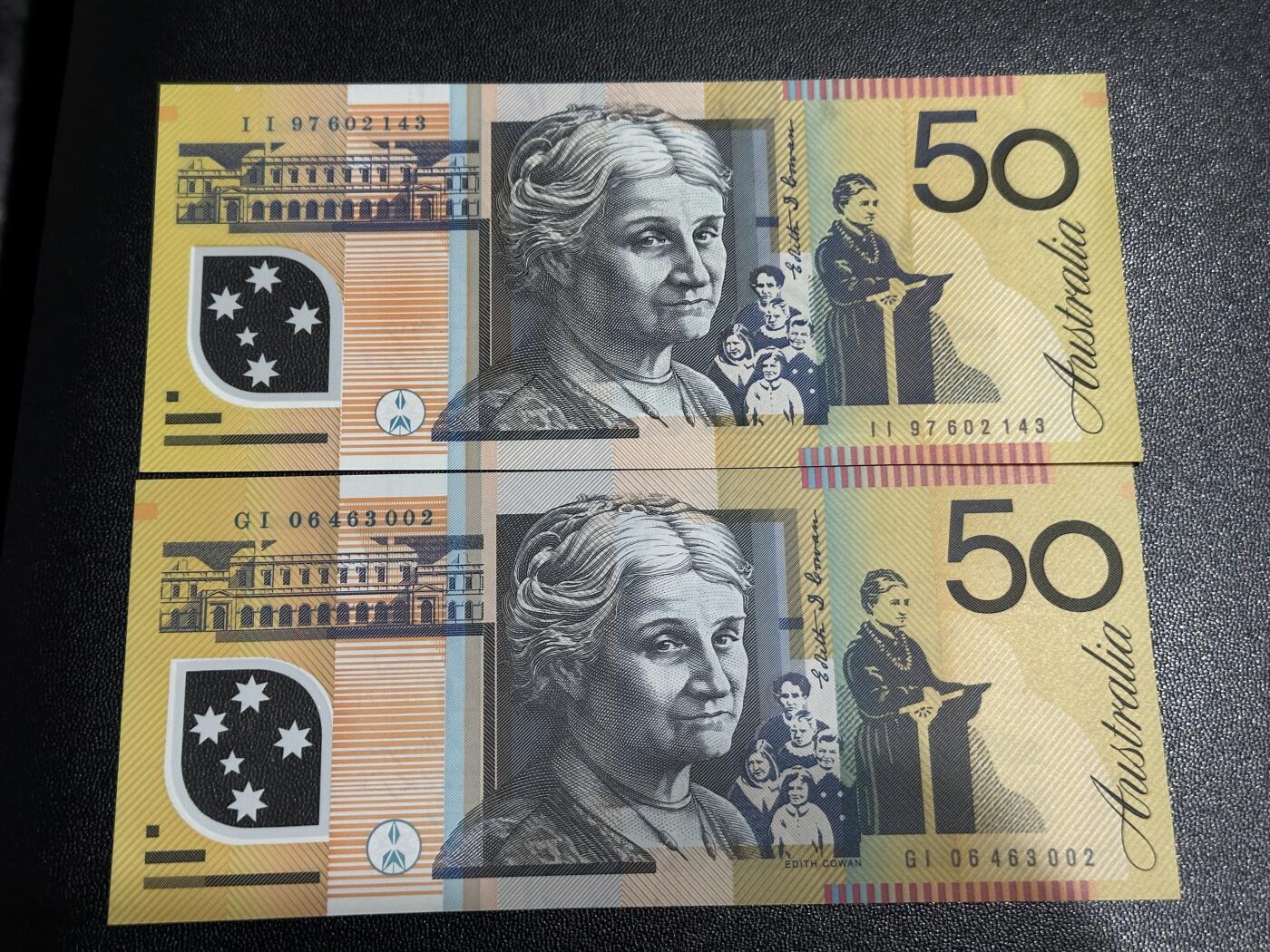 《外钞收藏家》第六百零八期（精选场）（本平台长期征集拍品、欢迎藏友们联系合作） 澳大利亚50元 06和97年 2个年份2个签名一起 全新但97年的有压痕 如图