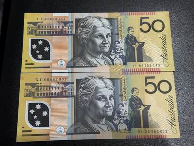 《外钞收藏家》第六百零八期（精选场）（本平台长期征集拍品、欢迎藏友们联系合作） - 澳大利亚50元 06和97年 2个年份2个签名一起 全新但97年的有压痕 如图