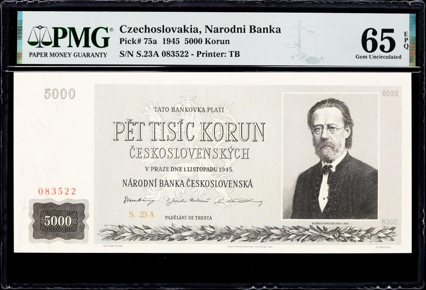 【Blue Auction】世界纸币精拍第782期——18级TOP拍卖/信誉/品质/专业/高效💫 【实钞 无47】捷斯 1945年5000克朗 音乐家斯塔美那 PMG65EPQ 大票幅