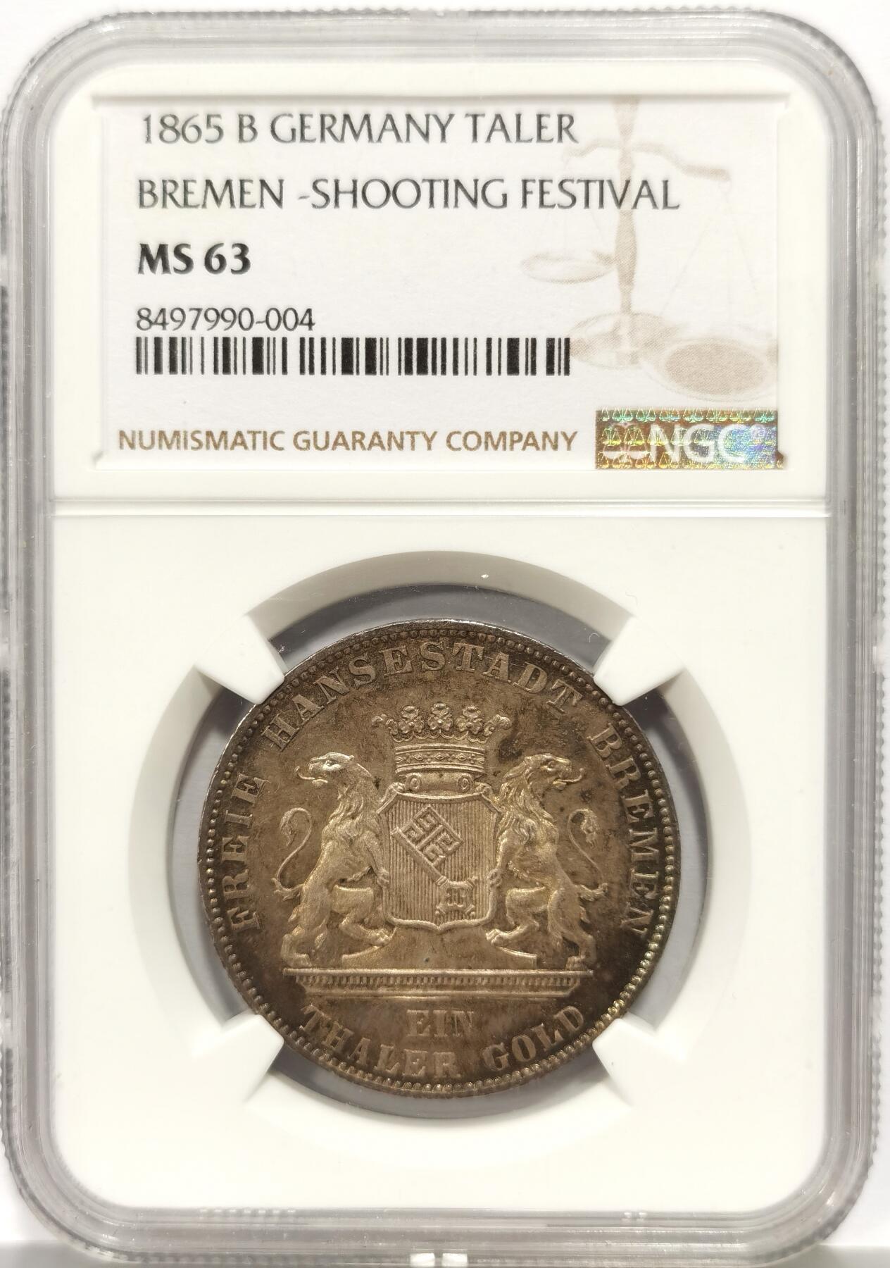 博洋堂“心向春光”2月精品大拍专场暨第160期（全场包邮） NGC MS63 德国不莱梅1865年B版射击节1泰勒 老包浆 正面落日余晖映照在哥特匙上 及其难得一见