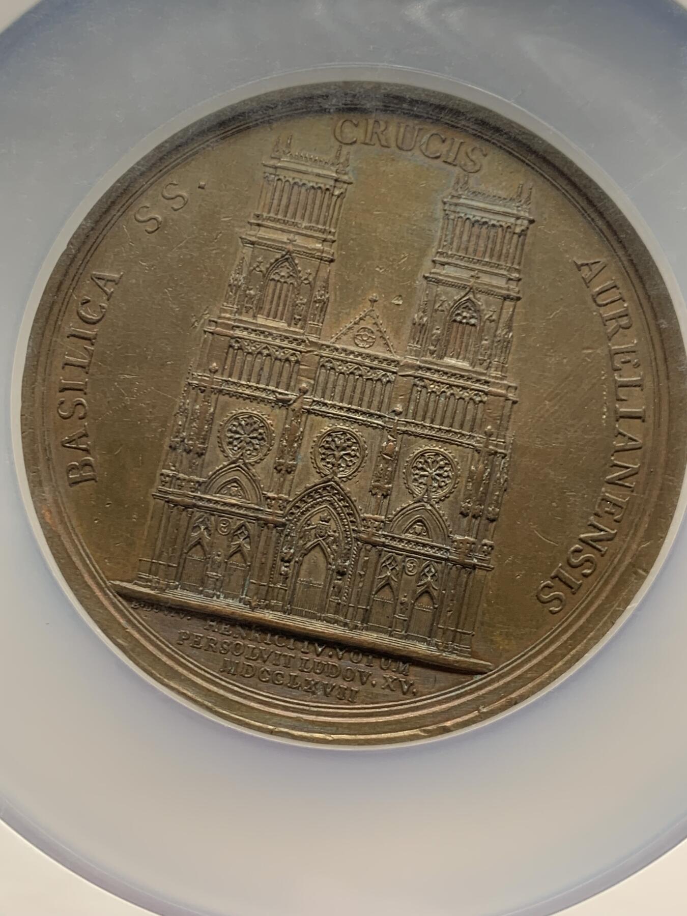 《竞宝斋》第465场 周日，周一，周二，3场连拍 （全场包邮）欢迎送拍 NGC UNCD 法国1767年纪念奥尔良大教堂扩建铜章，正面为路易十五侧像，64mm，加大加厚盒。