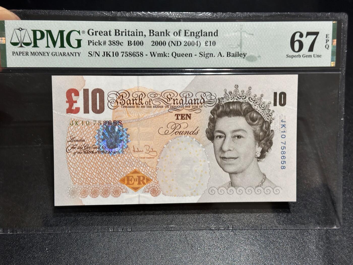 《外钞收藏家》第六百零八期（精选场）（本平台长期征集拍品、欢迎藏友们联系合作） 2000年英国E序列10镑 再版 PMG67