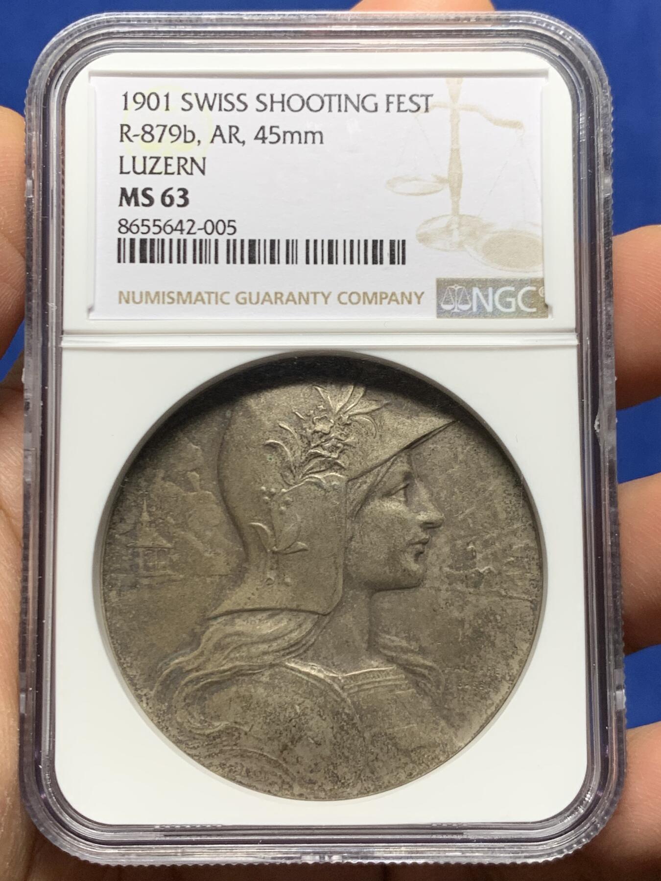 《竞宝斋》第465场 周日，周一，周二，3场连拍 （全场包邮）欢迎送拍 NGC MS63 瑞士1901年卢塞恩射击节纪念银章 加厚盒