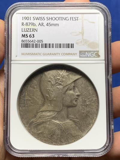 《竞宝斋》第465场 周日，周一，周二，3场连拍 （全场包邮）欢迎送拍 - NGC MS63 瑞士1901年卢塞恩射击节纪念银章 加厚盒