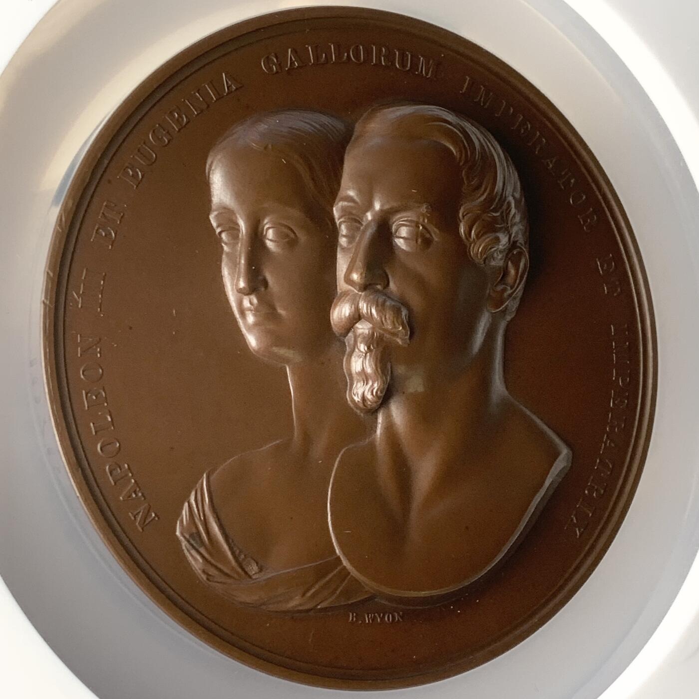 掌中浮雕-藏着的欧洲第052场 NGC MS64 : 1855年法王拿破仑三世夫妇访问伦敦城纪念章，77mm。目录编号BHM 2561, Eimer 1496。仅发行350枚