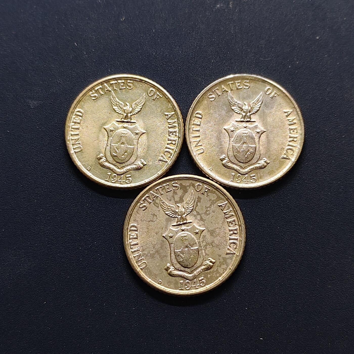 【全场包邮】纯粹捡漏拍500场-持续更新中 美属菲律宾1945年20分银币3枚一组【21毫米4克75%】