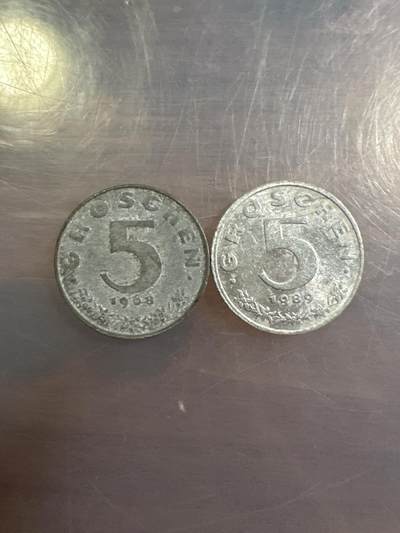 奥地利1968、1989年5格罗申硬币，18.5mm锌币 - 奥地利1968、1989年5格罗申硬币，18.5mm锌币