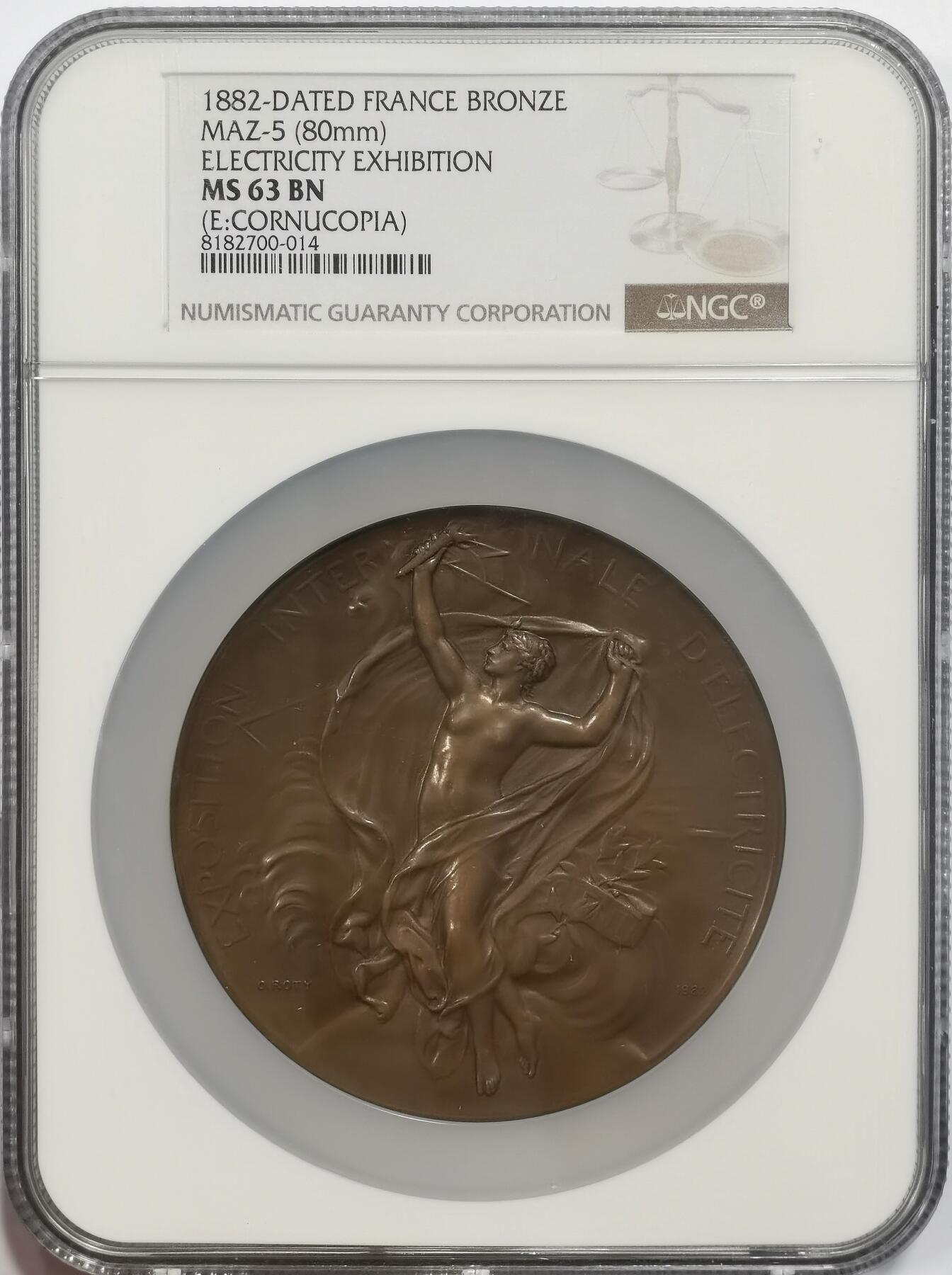 博洋堂“心向春光”2月精品大拍专场暨第160期（全场包邮） NGC MS63BN 法国1882年首届国际电力博览会纪念铜章，80mm（章牌大师奥斯卡·罗蒂作品）
