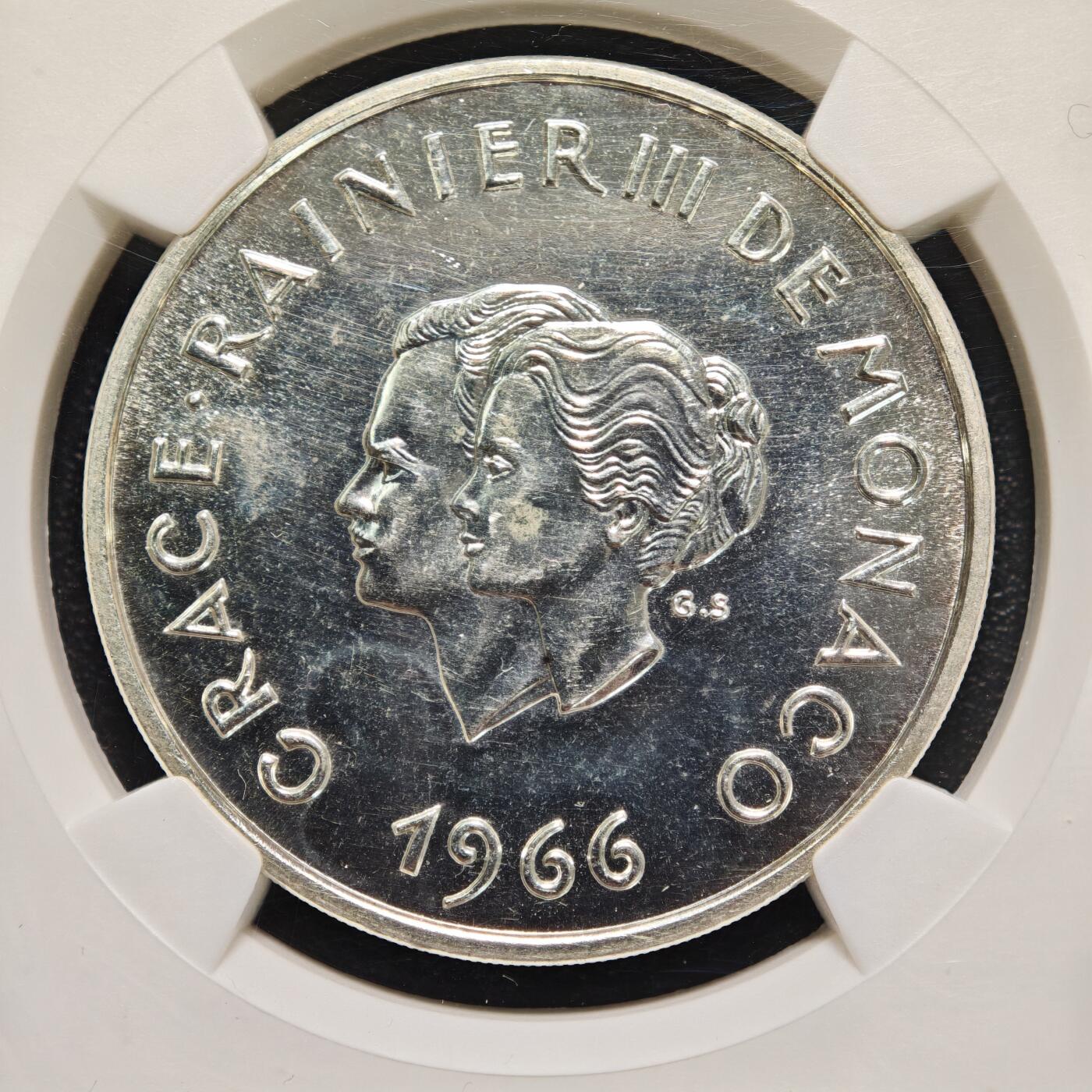 【德藏】世界币章拍卖第164期（拍品征集中~欢迎藏友联系） 1966年 摩纳哥查理三世结婚十周年10法郎纪念银币 NGC MS61