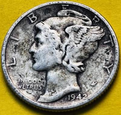 文馨钱币收藏第 293 场，春节前最后一期全部发出，将不予寄存，请悉知 - 1942 年美国墨丘利小飞人 10 美分银币 2.5 克 900 银