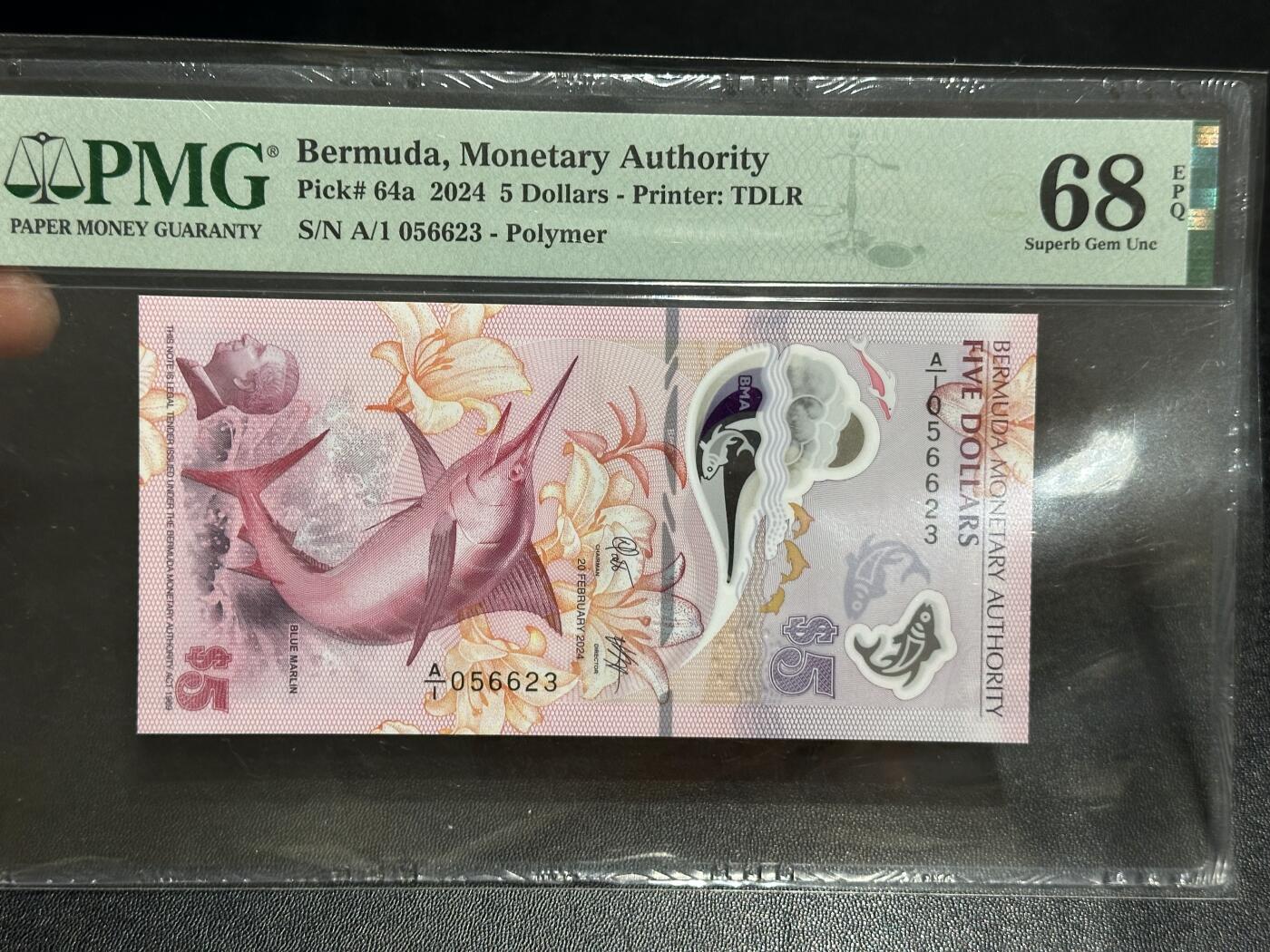 《外钞收藏家》第六百零八期（精选场）（本平台长期征集拍品、欢迎藏友们联系合作） 2024年百慕大最新版5元 PMG68 获奖钞 A/冠 无47