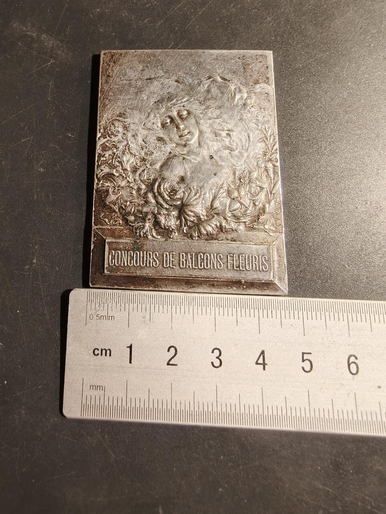 老王徽章第180期 法国窗台花卉竞赛方形镀银大铜章     带盒子    尺寸46×64mm    重量67.3g     G.Marey作品